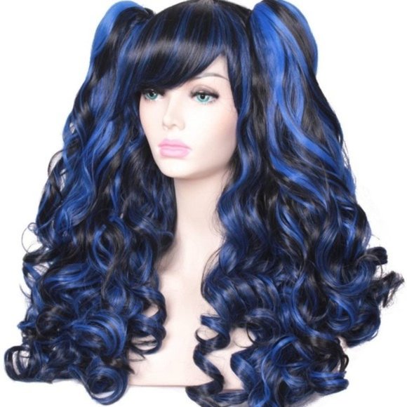 Black Blue Ponytail Long Curly Wig - Picture 1 of 7
